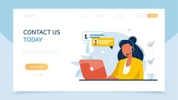 Vector illustration of Contact us landing page. Woman with headphones and microphone with a computer. Customer support service, call center, hotline concept flat vector illustration. Online global technical support 24 to 7