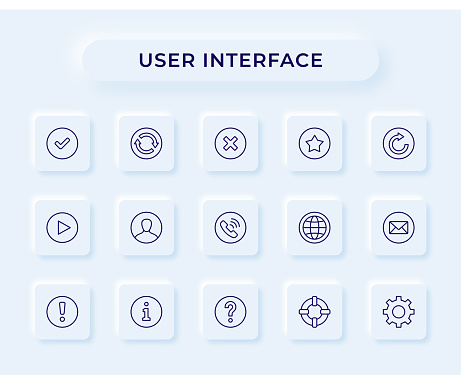 Vector Style User Interface Editable Stroke Line Icon Set with neumorphic design background.