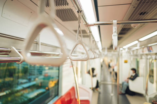 istock Wide angle view Handles for standing passenger inside public subway or skytrain in bangkok thailand asia 1954411197