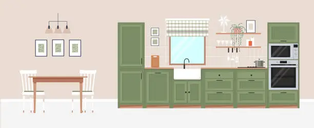 Vector illustration of Modern cozy kitchen interior with dining area in a flat style. Kitchen with window and furniture, cooking appliances, utensils, decoration, flowers and plants. Vector graphic design template.