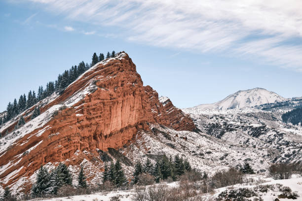 Winter mountain view with cloudy sky and red rocks