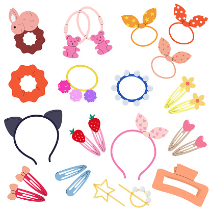 Vector set of elastic bands, hairpins and headbands, cute accessories for girls