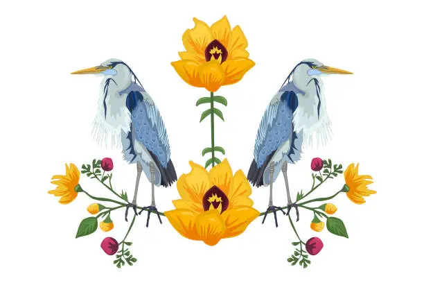 Vector illustration of Bird on branch with flowers isolated on white background. Beautiful flowers and colorful birds.