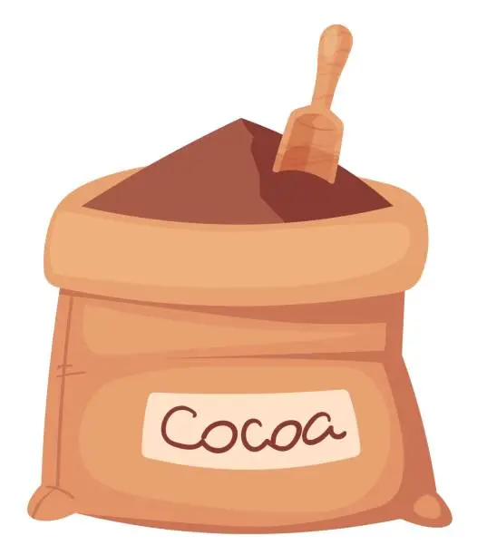 Vector illustration of Pile Cocoa Powder in sack with spoon. Dark cacao in a bag. Vector illustration cartoon design.