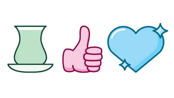 Vector illustration of Like icons with tea and heart. Social media button symbols. Love and hand with finger circle signs.