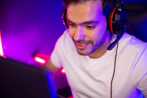 istock Portrait smart streamer talking with team player using headset and mic. Surmise. 1954462419