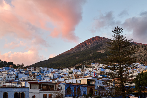 View from Place Outa El Hamam square at sunset in Chefchaouen, Morocco, Africa.