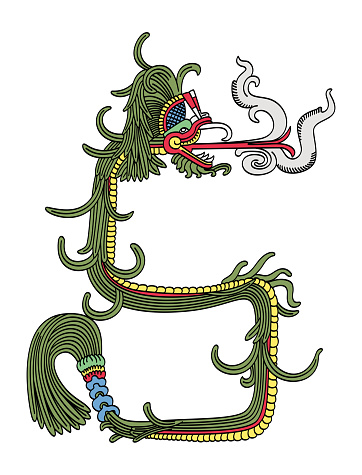 Feathered Serpent, a supernatural entity in Mesoamerican religions. Quetzalcoatl of Aztecs, Kukulkan of Yucatec Maya, and Tohil of Kiche Maya. Colorized plumed serpent as depicted in Chichen Itza.