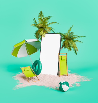 3D rendering of a stylized smartphone with a beach chair, umbrella, palm trees, and beach ball on sand. Summer vacation concept.