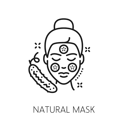 Facial mask line icon for cosmetology and face skincare cosmetics, linear vector. Cucumber facial mask outline icon with cucumber slices on woman face for bio natural skincare treatment pictogram