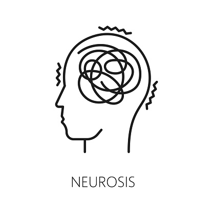 Neurosis psychological disorder problem, mental health. Human psychology, psychotherapy or cognitive disorder or mental health problem line vector symbol or pictogram with human head silhouette