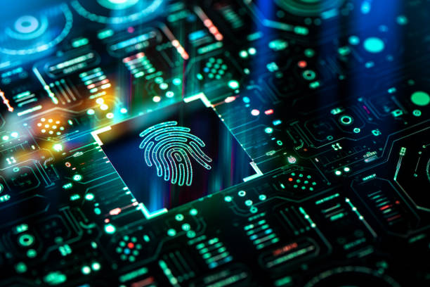 istock Digital security and authentication background. Fingerprint biometric scanner on futuristic screen technology background. 1954478784