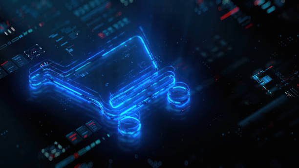 istock Digital cart icon hologram on future tech background. Online shopping evolution. Futuristic shopping cart icon in world of technological progress and innovation. CGI 3D render 1954480827