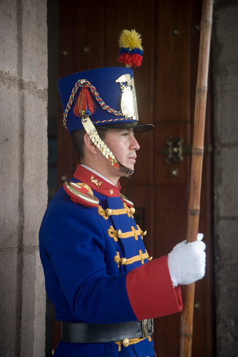 Windsor, United Kingdom - August 28, 2012: Afro-american Royal Guard with a rifle on duty near the back entrance of the Windsor Castle, one of the official residences of the British Royal Family located in a small town Windsor, Berkshire, England