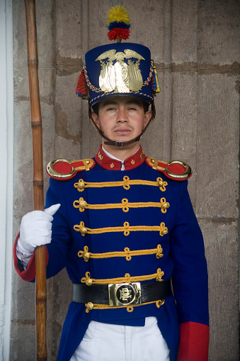 Quito, Ecuador - April 4, 2006: A soldier on guard at the Presidential Palace, in the Independence Square in Quito