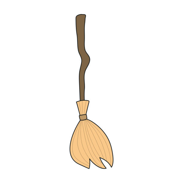 ilustrações, clipart, desenhos animados e ícones de broom, broomstick for witch halloween costume accessory hand drawn illustration. - fairy tale house witch candy