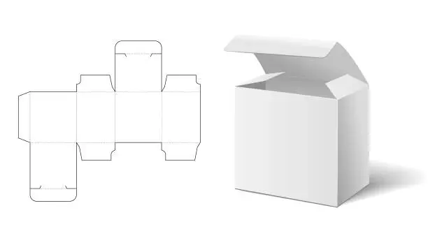 Vector illustration of An empty mockup of box die cut paper carton packaging layout with blueprint. 3D dummy container mockup of square food, medical pack. Vector cardboard packaging template for branding. Mock-up. 1x1 box