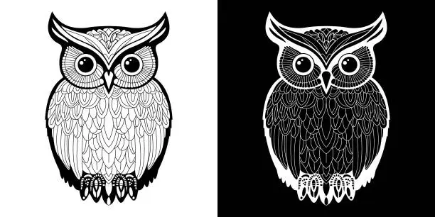 Vector illustration of Black and white illustration of an owl. Coloring book page