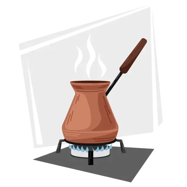 Vector illustration of Vector illustration of a copper pot with a wooden handle in which coffee is brewed over a fire.