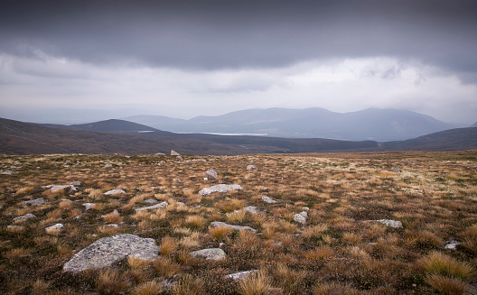 Cairngorms landscape in autumn with stormy overcast sky. Cairngorms National Park, Scottish highlands, Scotland, UK