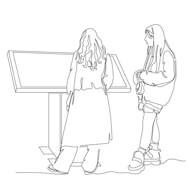 Vector illustration of 2 women using information screen point. Single line drawing. Black and white vector illustration in line art style.