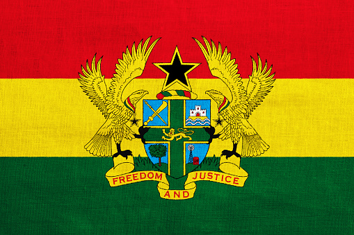 Flag and coat of arms of Republic of Ghana on a textured background. Concept collage.