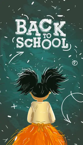 Vector illustration of Back view of cute little girl student on blackboard background with chalk message in front of class. Back to school poster, vector illustration