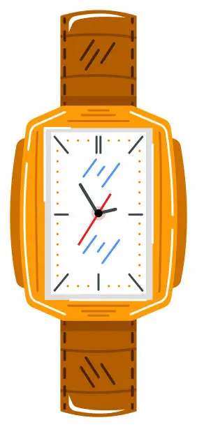 Vector illustration of Flat design brown leather wristwatch with square face and analog display. Stylish accessory for punctuality concept vector illustration