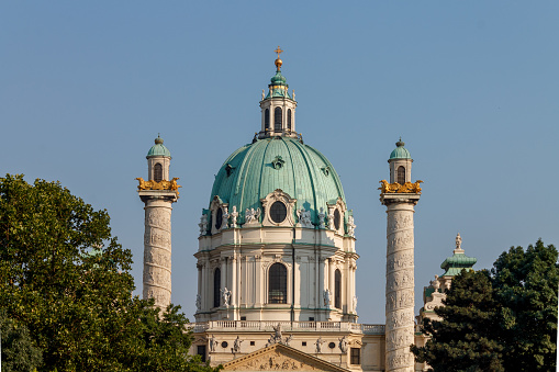 The facade of Karlskirche with its twin towers and dome in Vienna, Austria