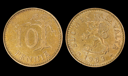 Two pennies: Finland markka coin, ten pennia