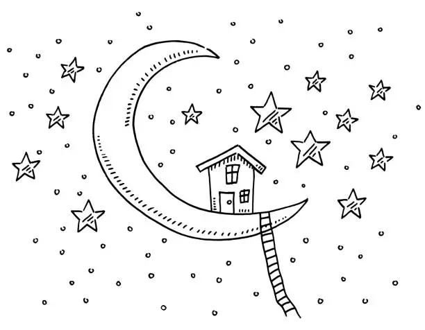 Vector illustration of Cartoon House On Moon Drawing