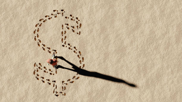 Man follows a path traced by a US Dollar symbol. CGI