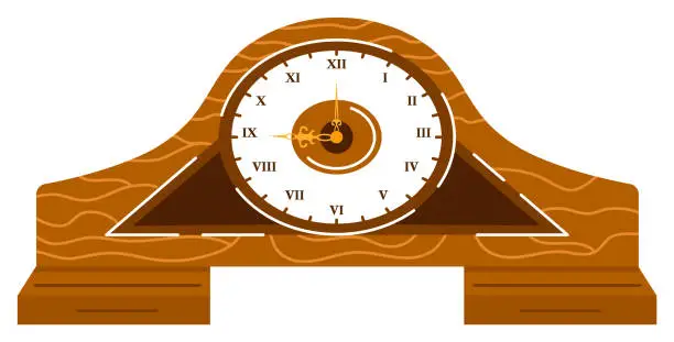 Vector illustration of Antique wooden mantel clock with Roman numerals. Classic tabletop clock design. Timekeeping emblem antique object vector illustration