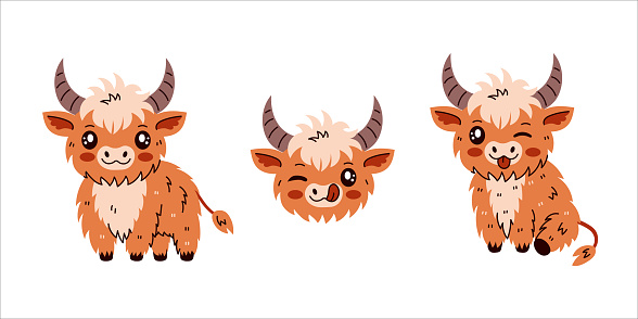 Collection of vector illustrations. Happy baby animal character with shaggy fur and horns. Funny cute mascot for farm, organic, milk, dairy product design