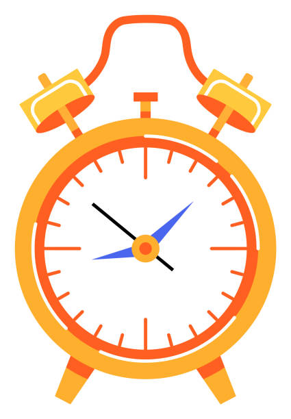 ilustrações de stock, clip art, desenhos animados e ícones de flat design orange alarm clock with blue hands. simple modern alarm clock graphic. time management and punctuality vector illustration - clock time alarm clock orange