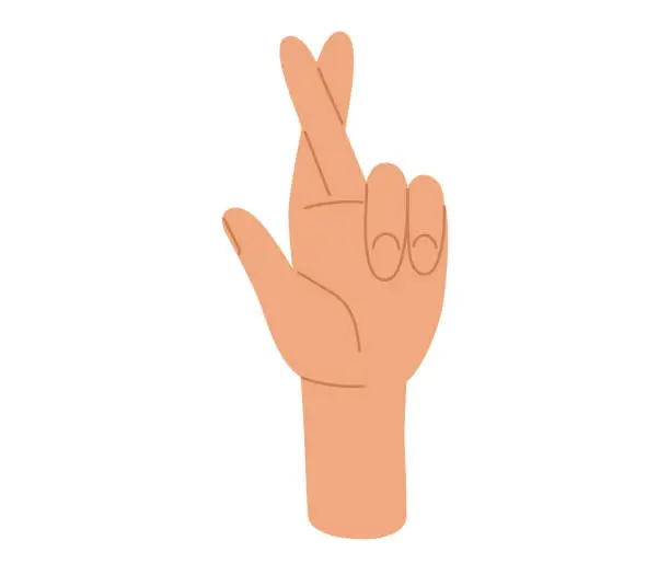 Vector illustration of Fingers crossed sign. Human hand with middle and index fingers crossed. Luck, lie, superstition hand gesture. Vector illustration in hand drawn style