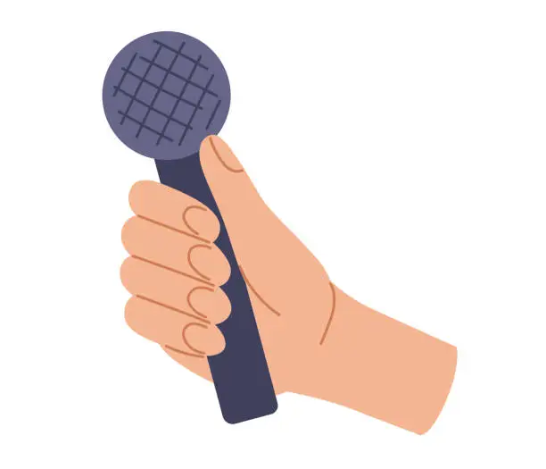 Vector illustration of Human hand hold microphone. Mic in arm. Vector illustration in hand drawn style