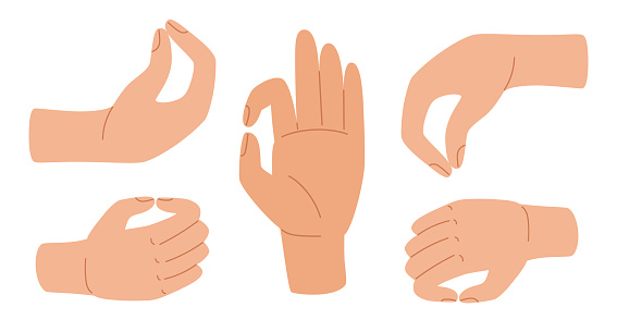 Pinch human hand. Pinched Fingers hand gesture. Palm and fingers laid in gestures of holding or giving something. Vector illustration