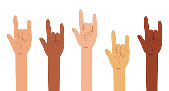 Human hands up showing rock sign. Group of diverse human arms, gesture, fans, roker, rock-n-roll, music. Festival symbol. Vector illustration