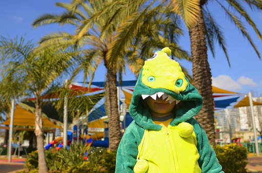 Portrait of a child in a dinosaur costume. A boy on the playground in green pajamas. Holidays: masquerade, Halloween, Purim