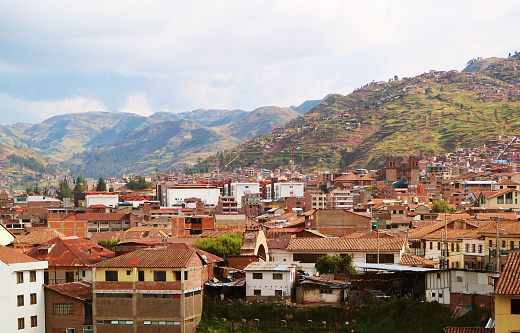 Scenic aerial view of Cusco as seen from the hill above the city, Cusco, Peru, South America