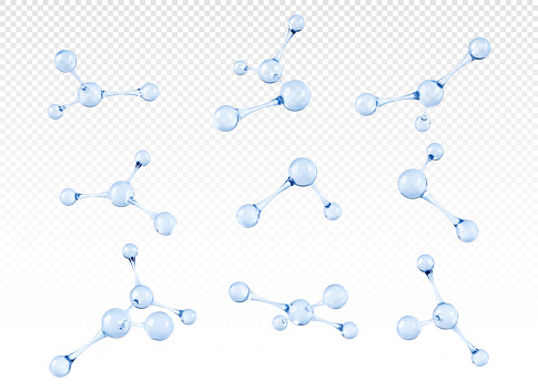 Set of transparent glass molecule or atom models. 3D abstract molecular structures isolated on transparent background. Vector 3d illustration