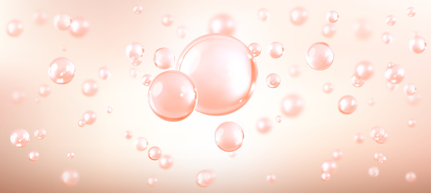 Pink bubbles, liquid collagen or serum. Skin care cosmetic product texture or clear essence. Concept skin care cosmetics solution. Vector realistic illustration