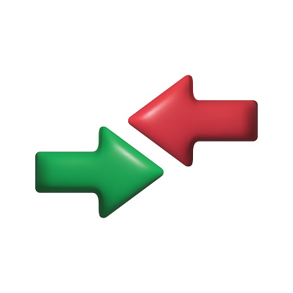 Conflict of interest 3d render icon. Business concept. Arrows red and green against each other. Vector illustration flat design. Rivalry metaphor. Competitiveness symbol.