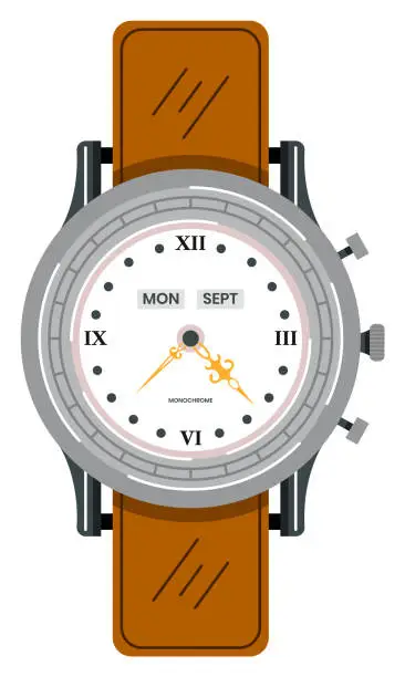 Vector illustration of Classic wristwatch with roman numerals and brown leather strap. Elegant timepiece, date feature on dial vector illustration