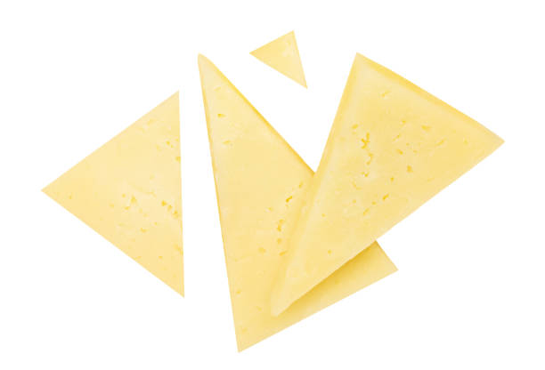 Cheese triangle pieces  isolated on white background.  Swiss cheese slices for  package design