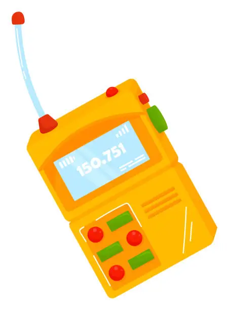 Vector illustration of Bright yellow walkie-talkie cartoon. Simplified portable two-way radio design. Communication equipment vector illustration