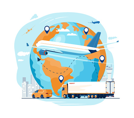 Concept illustration of air cargo transportation around the world. Globe, cargo plane and road transport. Vector illustration.