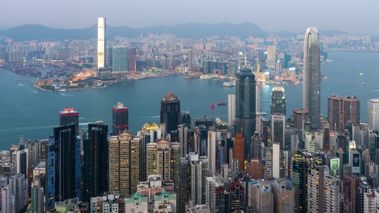 4K Time Lapse top view scene of Hong Kong cityscape skyscraper at sunset time