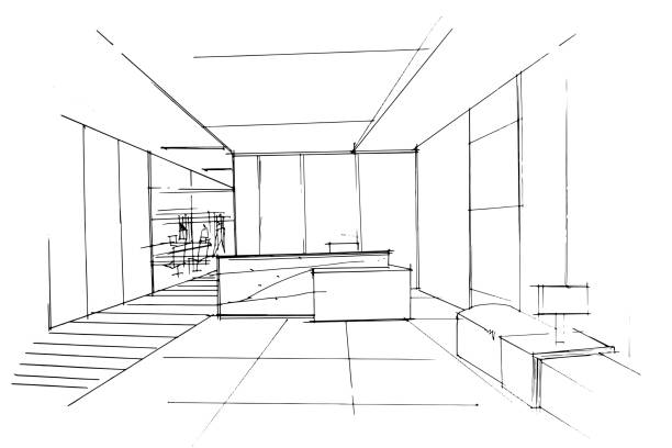 istock Drawing exterior and interior architectural lines. , Graphic assembly in architecture and interior design work. ,Sketch ideas for interior or exterior designs. 1954696778